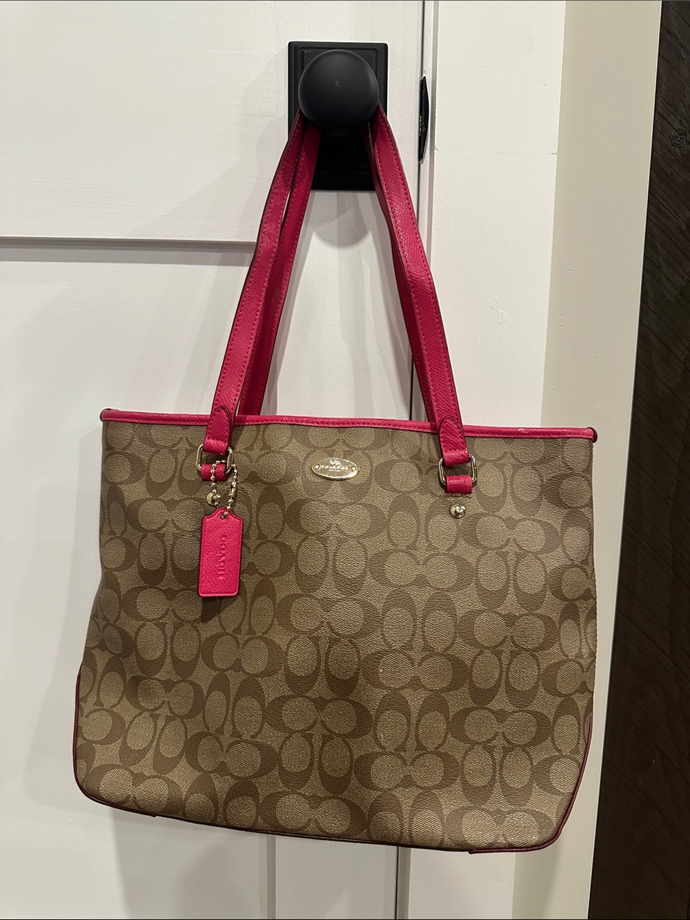 Coach Signature Canvas Tote with Fuchsia Trim and Handles
